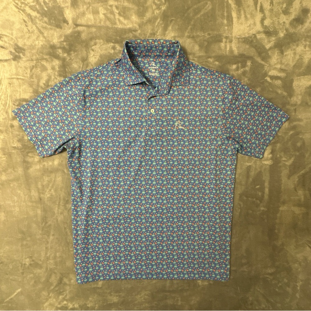 Rhoback Golf Polo Shirt Mens Medium Blue Flamingo Palm Tree Pattern Performance
